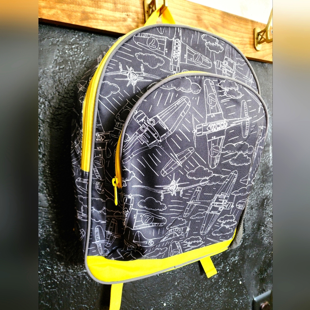 Yellow and Black Airplane Print Backpack